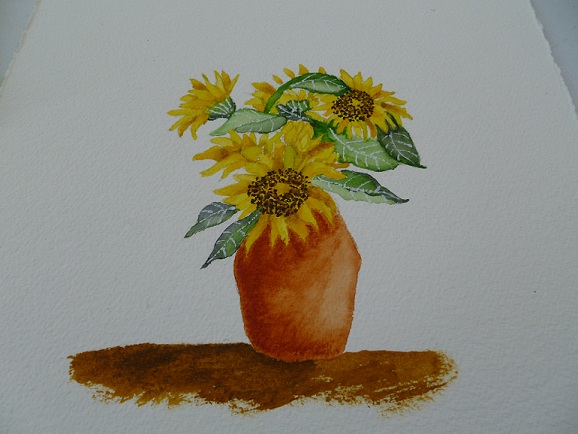 My first watercolor painting: sunflowers in a terra cotta vase