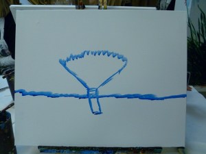 The first photo of the painting in progress. Just white canvas with a couple of blue lines.  