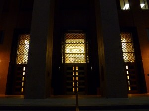 Doors with windows lit from the inside