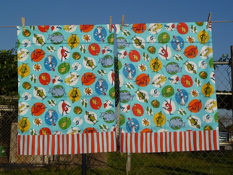 Two pillowcases made with Dr Seuss fabric