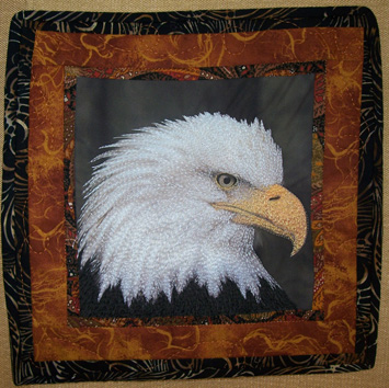 Miniature art quilt, thread painted eagle