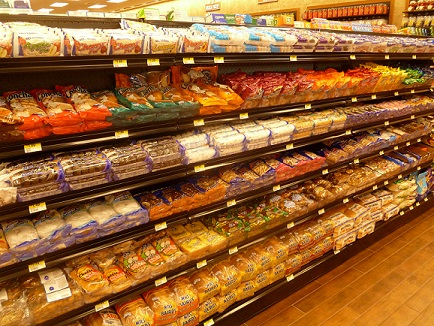 Shelves of mostly junk food