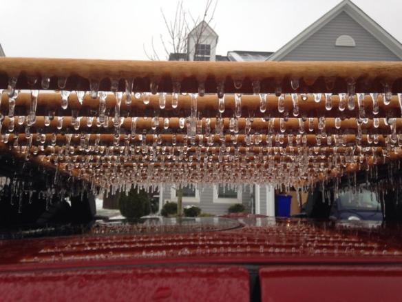 Icicles hanging from a car roof rack
