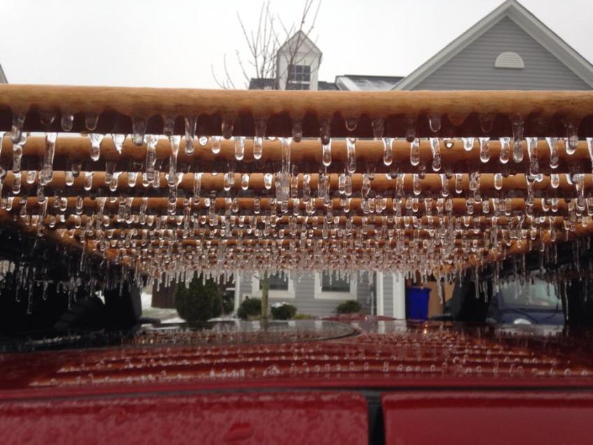 Icicles hanging from a car roof rack