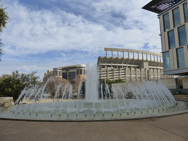 A fountain near the football stadium at UT Austin