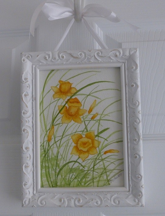 The framed jonquil watercolor painting