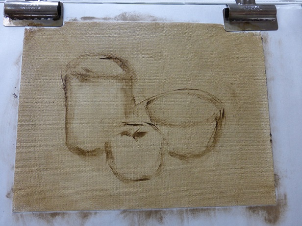 A sketch of an apple, a bowl, a jar in one color, raw umber