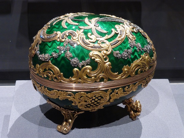 A green and gold Faberge egg