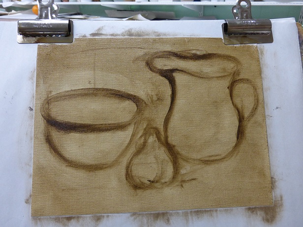 Painting with oils on the right side of the canvas