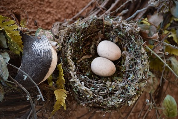 An artificial nest with two artificial bird eggs