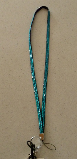 A blue sparkly lanyard before an earlier post.  All the sparkly squares fell off, one by one.