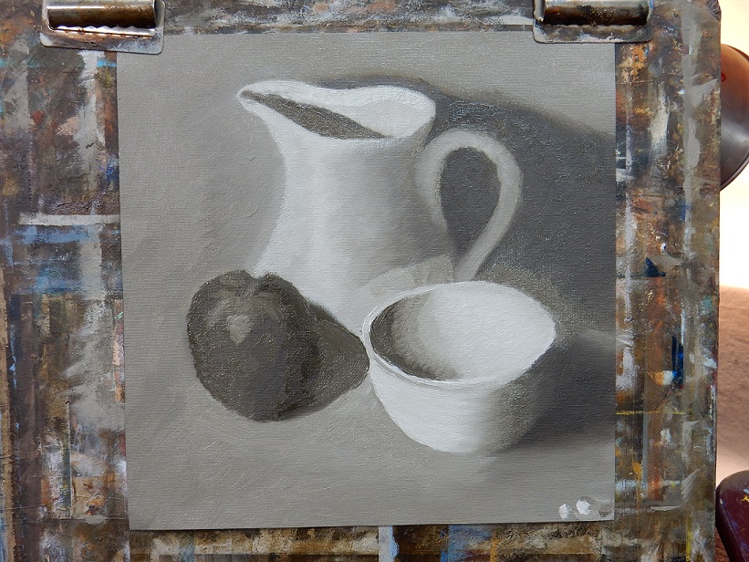 A photo of the in-progress oil painting. The objects are recognizable but do not reflect the actual shading