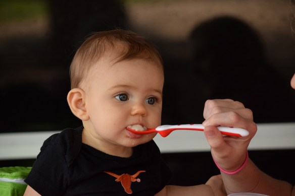 Madison, a baby, being fed lunch by her mother