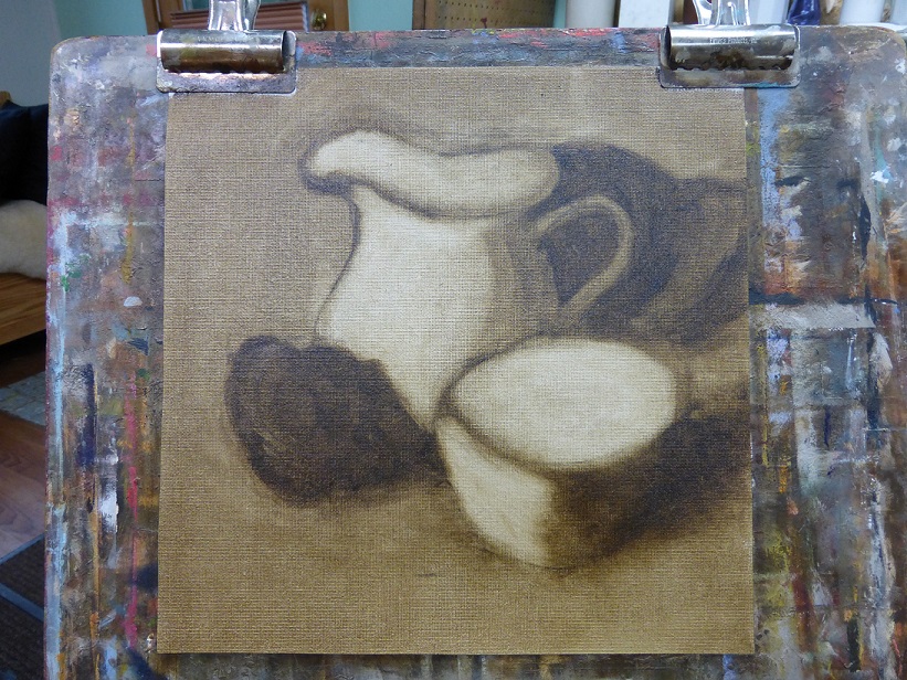 Objects massed in with raw umber as the base color oil paint