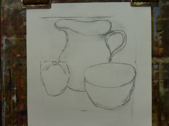 Step 1 in the beginning painting process: sketch the objects with charcoal on a canvas
