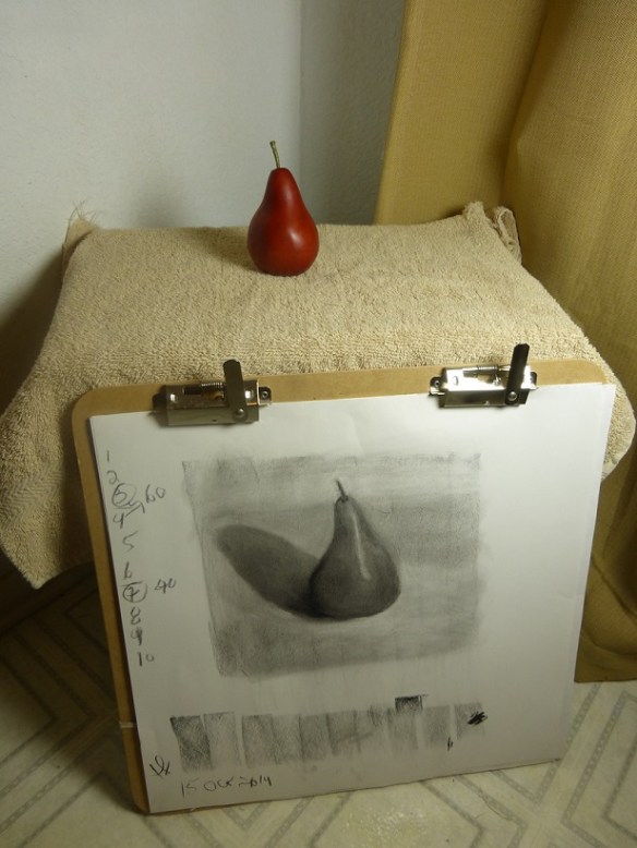 The red pear and sketch together in a photograph.  The sketch mostly looks like the red pear, but not totally.