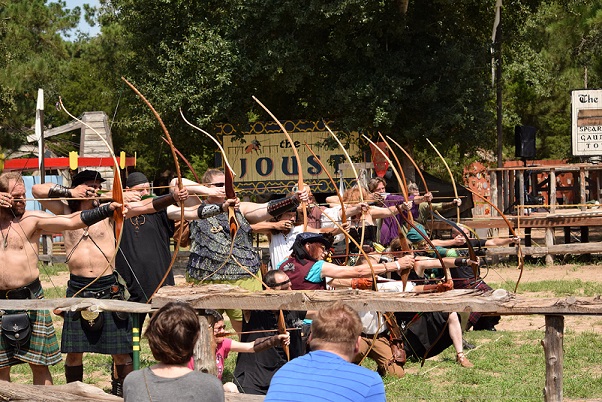 An archery volley, when all the archers drew their bows at the same time