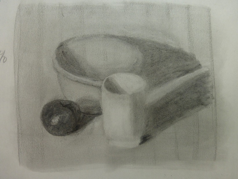 A charcoal sketch of a plum, a bowl and a vase