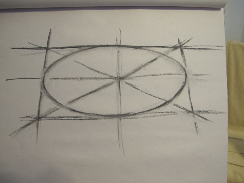 A sketch of an ellipsis, with lines criss-crossing as reference points
