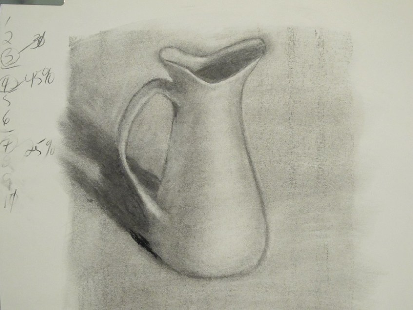 A small white pitcher sketched in charcoal