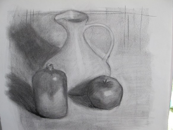 A still life composition sketched in charcoal: a blue vase, a white pitcher and an apple