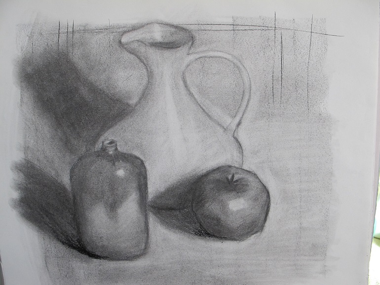 A still life composition sketched in charcoal: a blue vase, a white pitcher and an apple