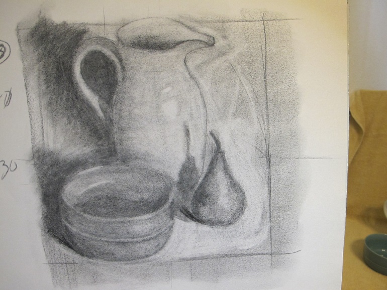 The sketch of the still life: the bowl, the pear, the pitcher with a handle