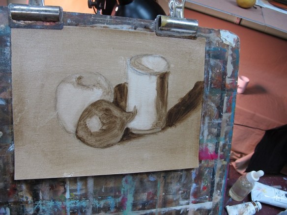 A still life sketch with an apple, a purple onion and a tall mug