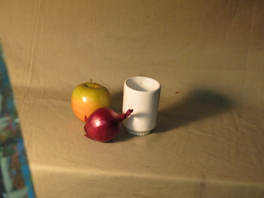 The objects for the still life sketch: the apple, onion and mug
