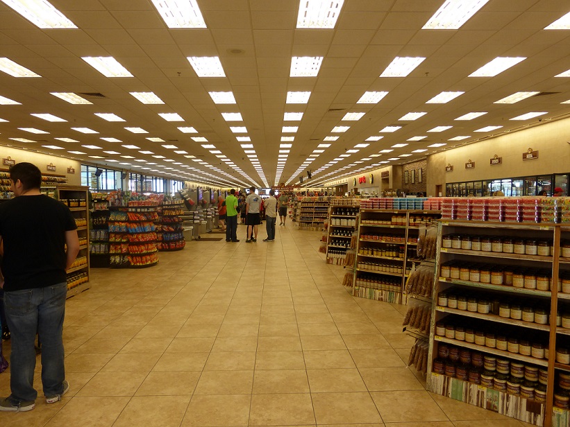 The ceiling lights converging in a store