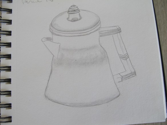 Sketch of an old, aluminum coffee kettle