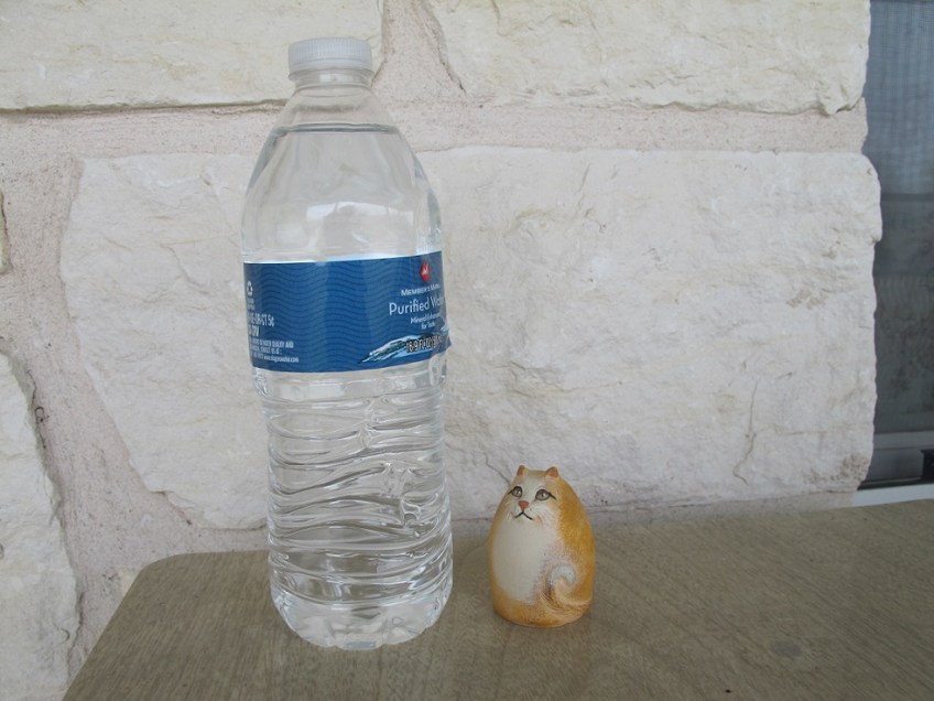 Cat trinket next to a water bottle, for size comparison