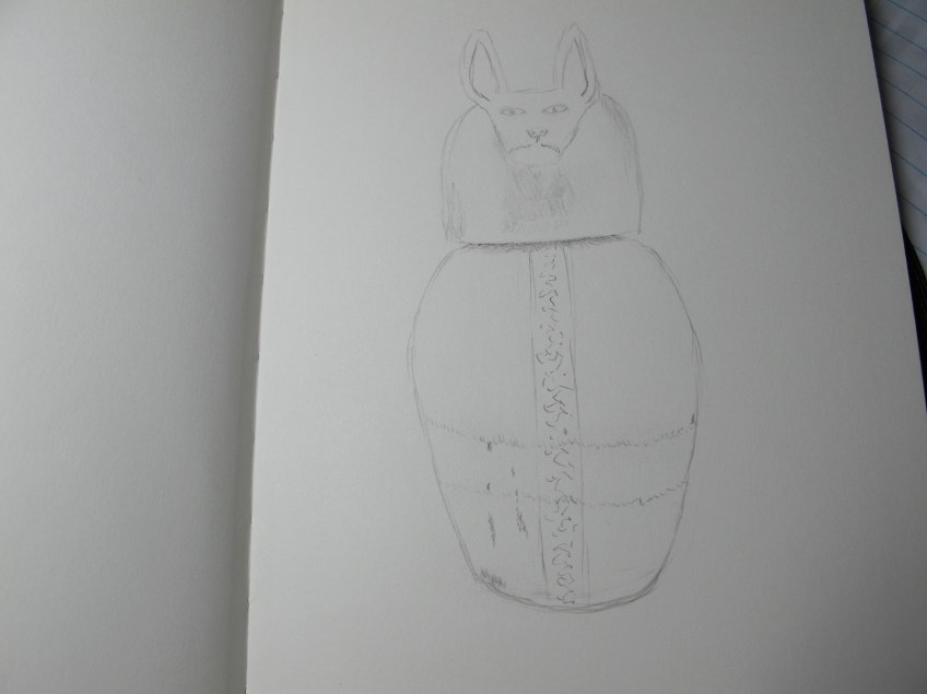 First one in my new sketchbook, sketch of the canopic jar with a jackal-headed lid