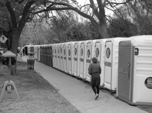 A line of portable potties