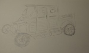 Sketch of an old wood-sided pick up truck