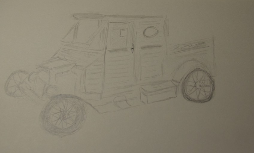 Sketch of an old wood-sided pick up truck