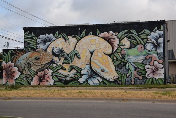 Mural with a toad, snake, and gecko